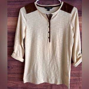 Lauren Ralph Lauren Cream Henley Top Brown Faux Leather Trim Roll Tab Sleeve S